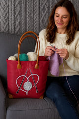 Red Knitting Basket with Embroidered Yarn & Needles Design