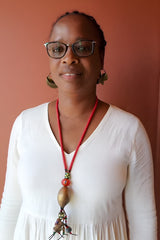Handmade African Necklace with Kofi Beads, Glass Accents & Bronze Pendant