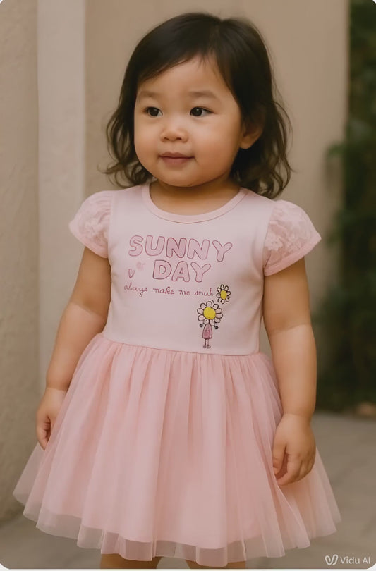 Girls sunny day print dress – soft cotton, perfect for Easter and summer fun

