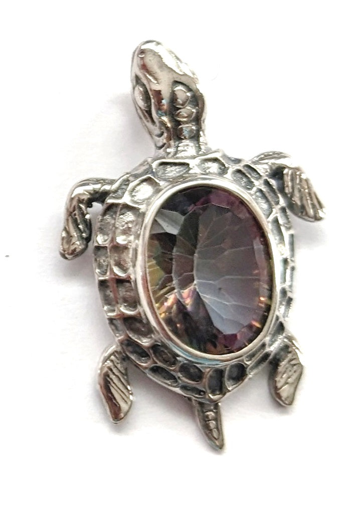 925 Sterling Silver Turtle Pendant with Mystic topaz